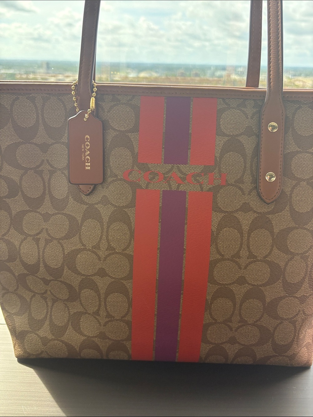 Coach Signature Tote Center Stripe Bundle Set. Umbrella & Cosmetic Bag